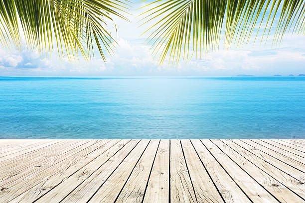istock Wooden platform beside tropical sea with sunset 531642613