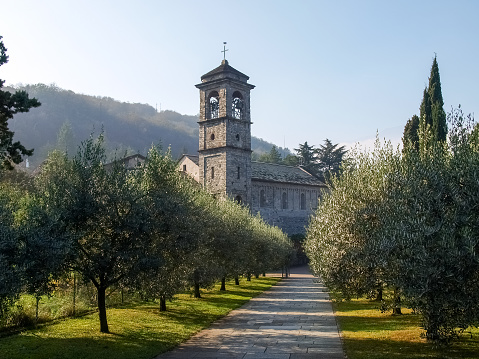 Piona, Italy - October 29, 2014: Piona Abbey, the Church inside the park. Rows of olive trees frame the church