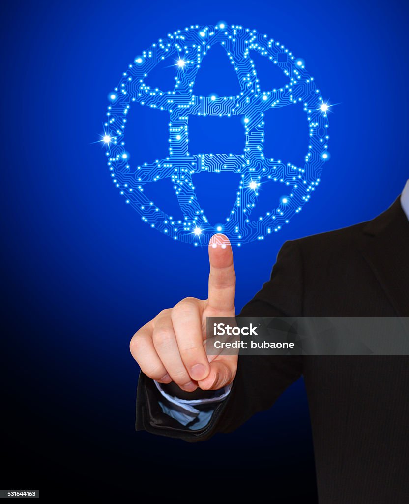 Businessman Pointing at Circuit Board Globe royalty free vector art Businessman Pointing at Circuit Board Globe interface icon 2015 Stock Photo