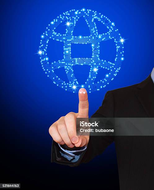 Businessman Pointing At Circuit Board Globe Royalty Free Vector Art Stock Photo - Download Image Now