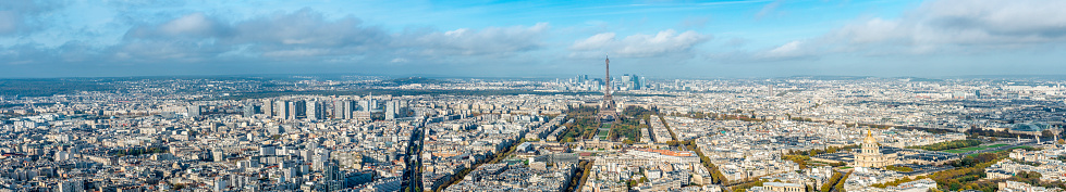 Panoramic view of Paris, view from high vista point. This is stitched panorama image. Most of 1st, 2nd, 6th, 7th, 8th adn 15th arrondissements are visible.