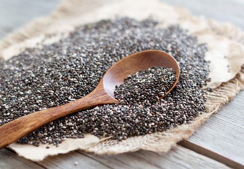 Chia seeds with a spoon close up