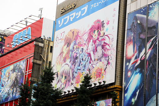 Tokyo, Japan - August 26, 2014: Billboards and signs fill the Akihabara district of Tokyo, also known as Electric Town. Many advertise upcoming video games. The area is famous for its electronics stores, anime and manga shops, and maid cafes.