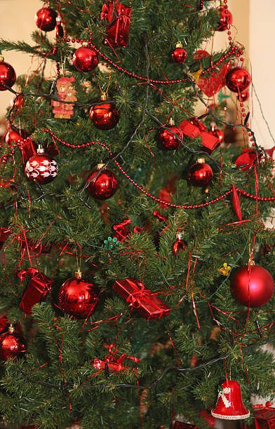 istock Christmas tree with red decorations and glittering balls 531661403
