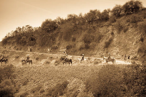 Los Angeles, USA - April 19, 2014: An organised riding group of young people riding horses up the track towards the Hollywood sign.