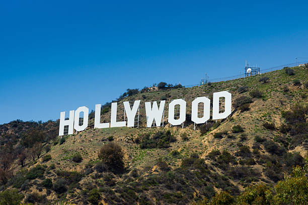 Los Angeles, USA - April 19, 2014: The Hollywood sign viewed from the track that leads up to it. This is taken near the sign from below and uses a polarizer to enhance the sky colour.