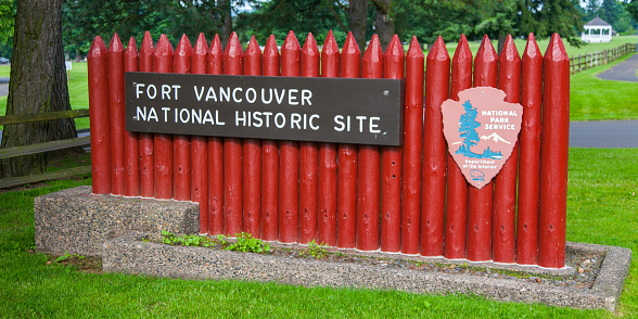 Vancouver, Washington, USA - June 18, 2010: Main entrance sign to Fort Vancouver National Historic Site in the summer of 2010.