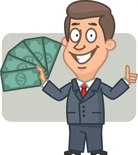 Vector illustration of Businessman holding money and showing thumbs up