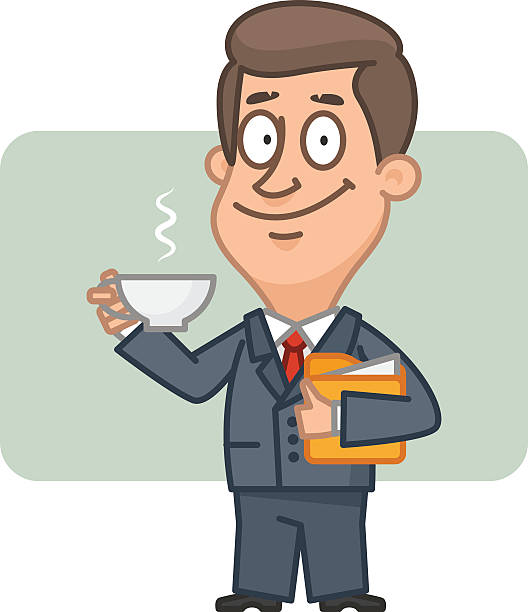 ilustrações de stock, clip art, desenhos animados e ícones de carácter empresário segurando o copo de café - trading coffee tea espresso
