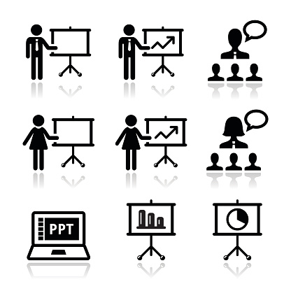 Businessman, businesswoman doing a presentation on whiteboard, in power point icons set isolated on white