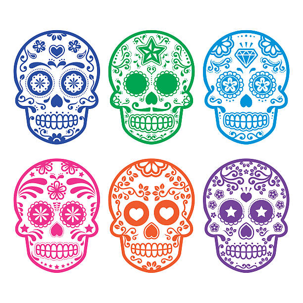 mexikanische zucker schädel icons set - sugar skull stock-grafiken, -clipart, -cartoons und -symbole
