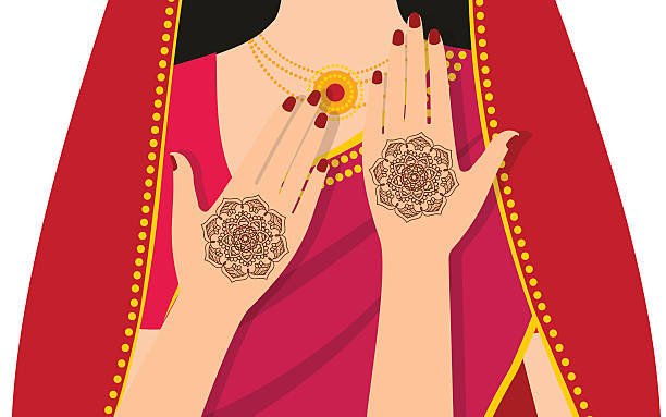 illustrations, cliparts, dessins animés et icônes de élément de yoga avec des motifs mehndi mudra mains. - faire part mariage doré