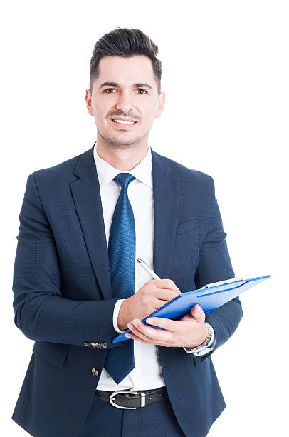 istock Portrait of cheerful salesman with clipboard taking notes 531691442