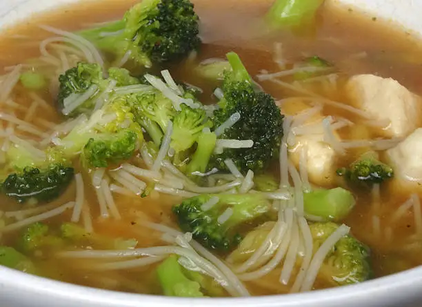 Photo showing a bowl of homemade chicken noodle soup / broth isolated on a white background. This is a low calorie meal made with broccoli and rice noodles, which are low in carbohydrate. This dish is part of a healthy eating, low fat diet plan.