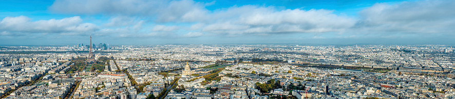 Panoramic view of Paris, view from high vista point. This is 100 MP stitched panorama image. Most of West to North arrondissements are visible.
