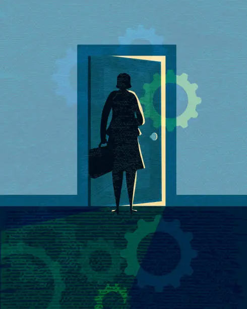 Vector illustration of Stylized business woman silhouette opening door