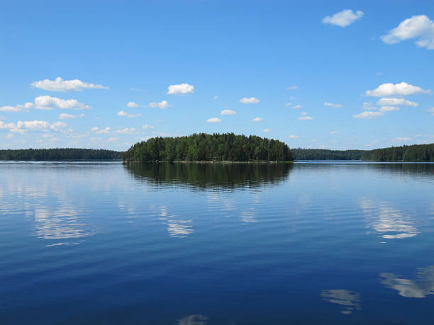 Brilliant blue summer’s day on a calm lake with a perfect reflection of an island on the water