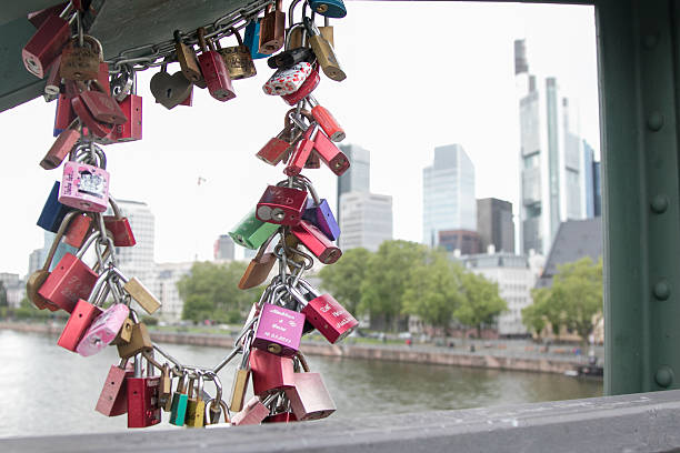 Chain of lovelocks on the Eiserner Steg Bridge with the skyline of Frankfurt, Germany on the background