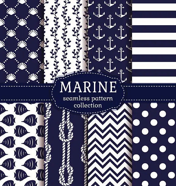 Vector illustration of Sea and nautical seamless patterns set.