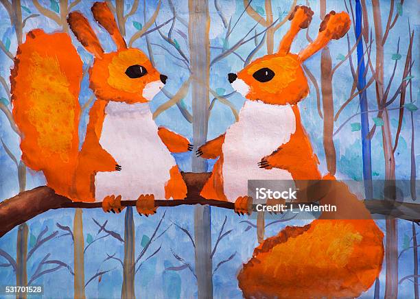 Childrens Drawing Two Squirrels In The Woods Stock Photo - Download Image Now - Creativity, Gouache, Horizontal