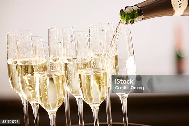 Glasses Full Of Champagne On A Tray Stock Photo - Download Image Now - Alcohol - Drink, Banquet, Bubble