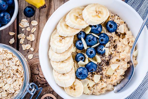 istock Breakfast: oatmeal with bananas, blueberries, chia seeds and almonds 531702010