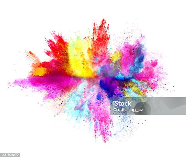 Explosion Of Colored Powder On White Background Stock Photo - Download Image Now - Exploding, Color Image, Ash