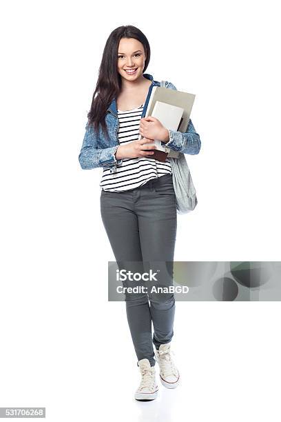 Happy Student Girl Stock Photo - Download Image Now - White Background, Student, Teenager