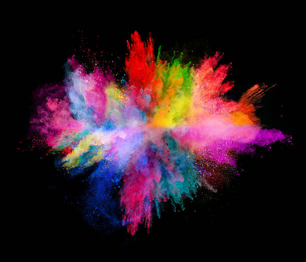 explosion of colored powder on black background - renkli fotoğraf lar stok fotoğraflar ve resimler