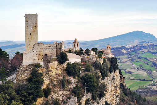 Medieval village with a castle  perched on a rock in the province of Fermo,Marche,Italy.