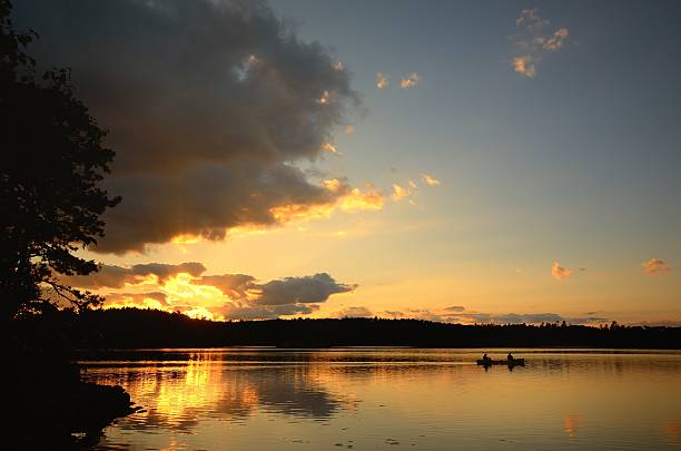 гребля на каноэ на закате на дикой озеро - canoeing canoe minnesota lake стоковые фото и изображения