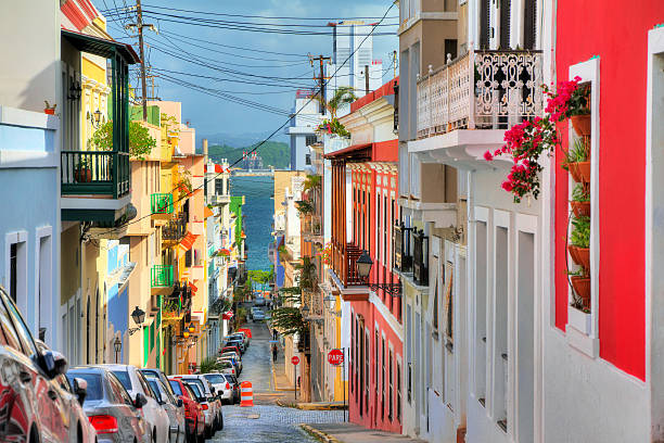San Juan streetview Beautiful typical traditional vibrant street in San Juan, Puerto Rico puerto rico photos stock pictures, royalty-free photos & images