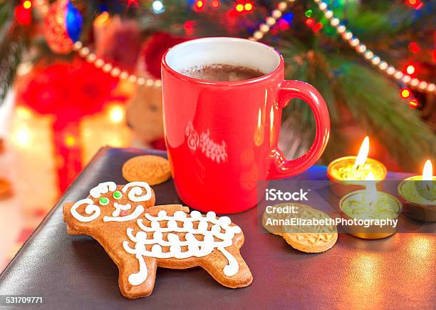 Sheep Shape Gingerbread With Cup Of Coffee On Christmas Background Stock Photo - Download Image Now