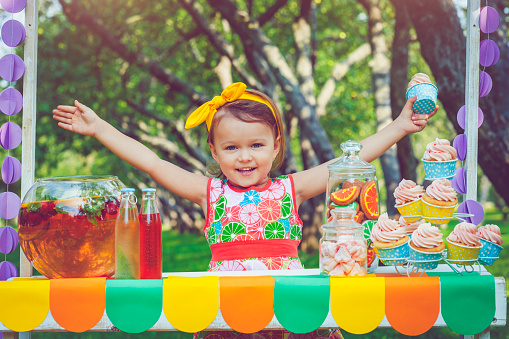 Little girl selling lemonade and sweets in summer