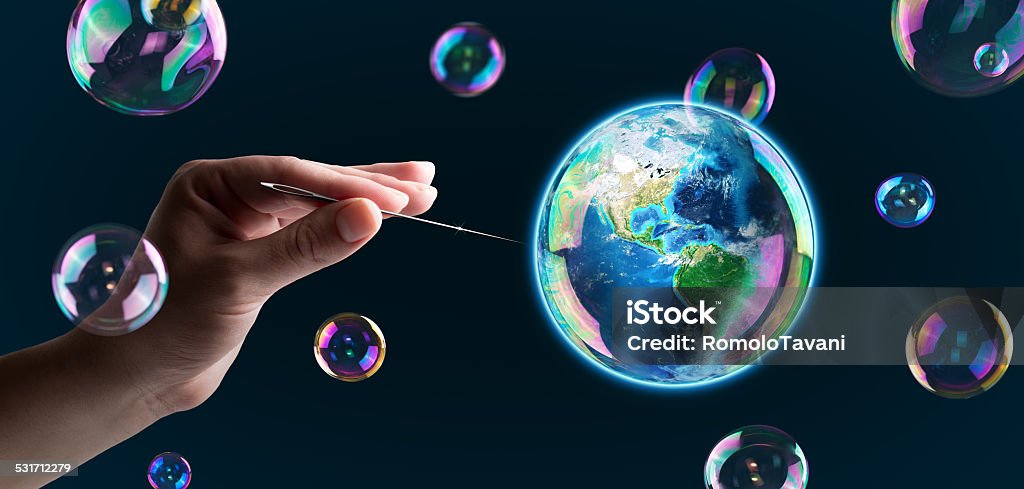 explosion bubble earth with needle - planet at risk 3d rendering, America - Usa. Photorealistic globe with lots of details.  Bubble Wand Stock Photo