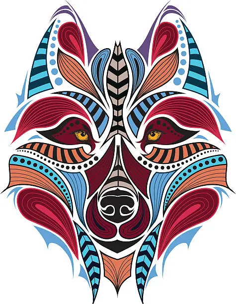 Vector illustration of Patterned colored head of the wolf. Vector illustration