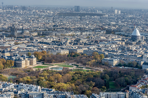 Urban landscape of Paris, France. Most of 5th and 6th arrondissement with Luxembourg Gardens, Sorbonne and Cathédrale Notre-Dame de Paris at  Île de la Cité.