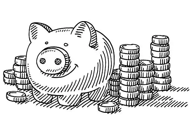 Vector illustration of Piggy Bank Stacks Of Coins Savings Drawing