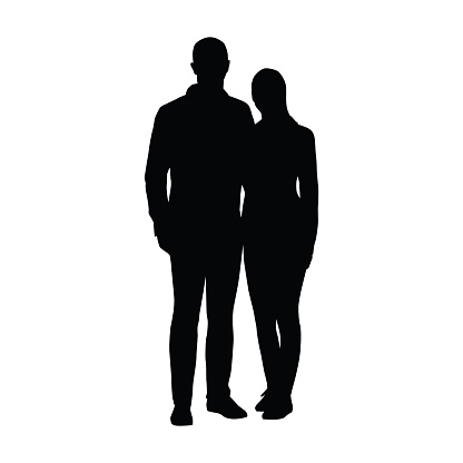 Couple of young people standing side by side. Two lovers embracing. Silhouette of boyfriend of girlfriend