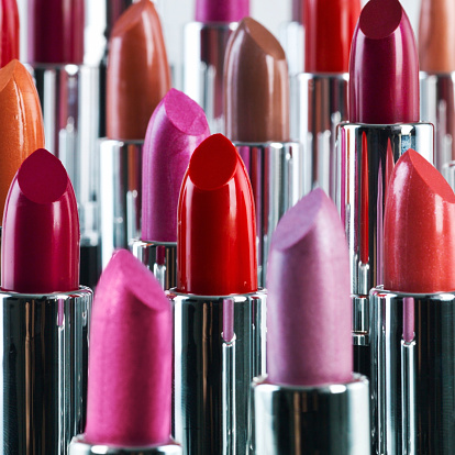 A studio shot of different coloured lipsticks