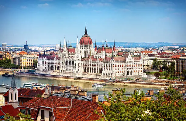 The Hungarian Parliament Building (Hungarian: Országház) on the bank of the Danube, Budapest. View from the Castle Hill.