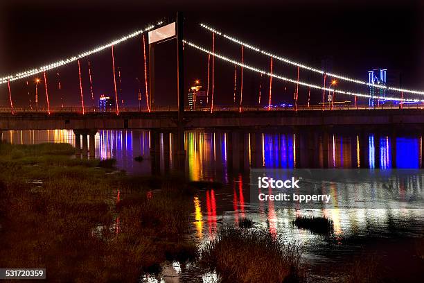 Jiangqun Bridge At Night Close Up With Reflections Fushun China Stock Photo - Download Image Now