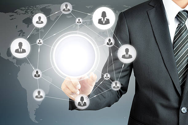 Hand pointing on empty circle of businesspeople network Businesspeople network on virtual screen with empty circle in the middle -can put ur texts or pictures inside multi level marketing stock pictures, royalty-free photos & images