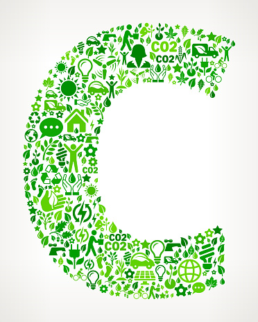 Letter C On Green Environmental Conservation and Nature royalty free vector interface icon pattern. This royalty free vector art features nature and environment icon set pattern. The major color is green and icons include trees, leaves, energy, light bulb, preservation, solar power and sun. Icon download includes vector art and jpg file.