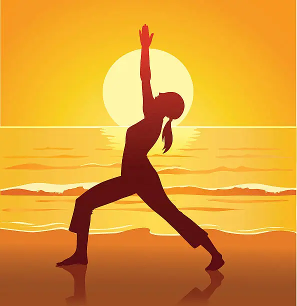 Vector illustration of Young Woman Doing Yoga on the Beach at Sunset