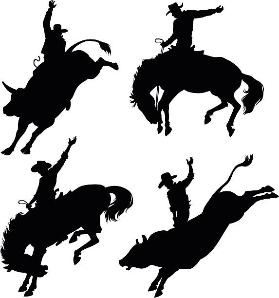 ilustrações, clipart, desenhos animados e ícones de silhuetas retratando rodeo - rodeo cowboy horse silhouette