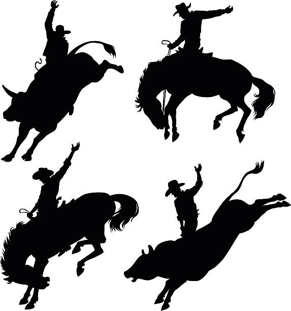 силуэты демонстрирующую rodeo - horseback riding cowboy riding recreational pursuit stock illustrations