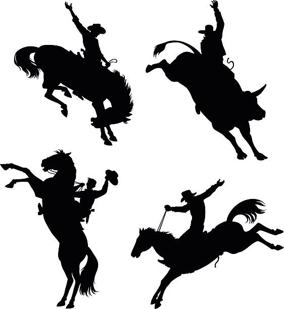 rodeo sylwetki zestaw - horseback riding cowboy riding recreational pursuit stock illustrations