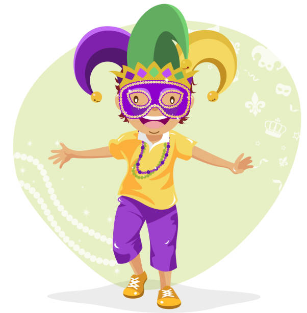 Teenage Boy Dressing Up for Mardi Gras Child Dress Up For Mardi Gras. fool stock illustrations