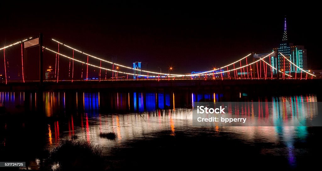 Jiangqun Bridge Crossing Hun River at Night Fushun City China Jiangqun Qiao, General Bridge, at Night with Lights and Reflections Crossing Hun River, Fushun City, Liaoning Province, China 2015 Stock Photo